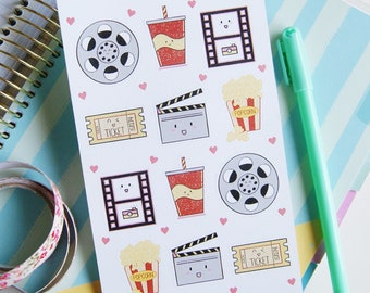 Move Night Stickers , Popcorn , Theatre , Film , Ticket , Food , Gift Wrapping , Sticker Sheet , Stationery , Gifts , Kawaii