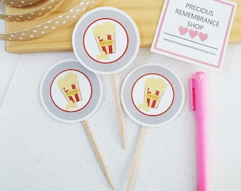 Popcorn Party Cupcake Toppers | Movie Night Party Theme, Popcorn Party Decoration, Party Decor, Kids Birthday, Cute, Kawaii