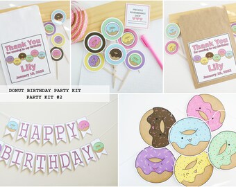 Donut Birthday Party Kit Personalized | Donut Party Theme, Favor Bags, Cupcake Toppers, Donut Party Banner, Kids Birthday, Doughnut, Kawaii