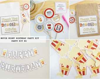 Movie Night Birthday Party Kit Personalized | Movie Night Party Theme, Favor Bags, Cupcake Toppers, Popcorn Party, Kids Birthday,Cute