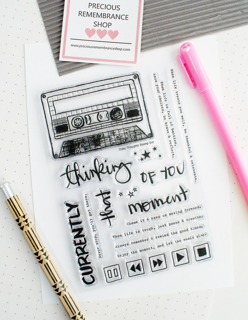 Daily Thoughts Stamp Set Clear Stamps, Made in USA Sentiment, Phrase, Sayings, Cassette Tape image 1