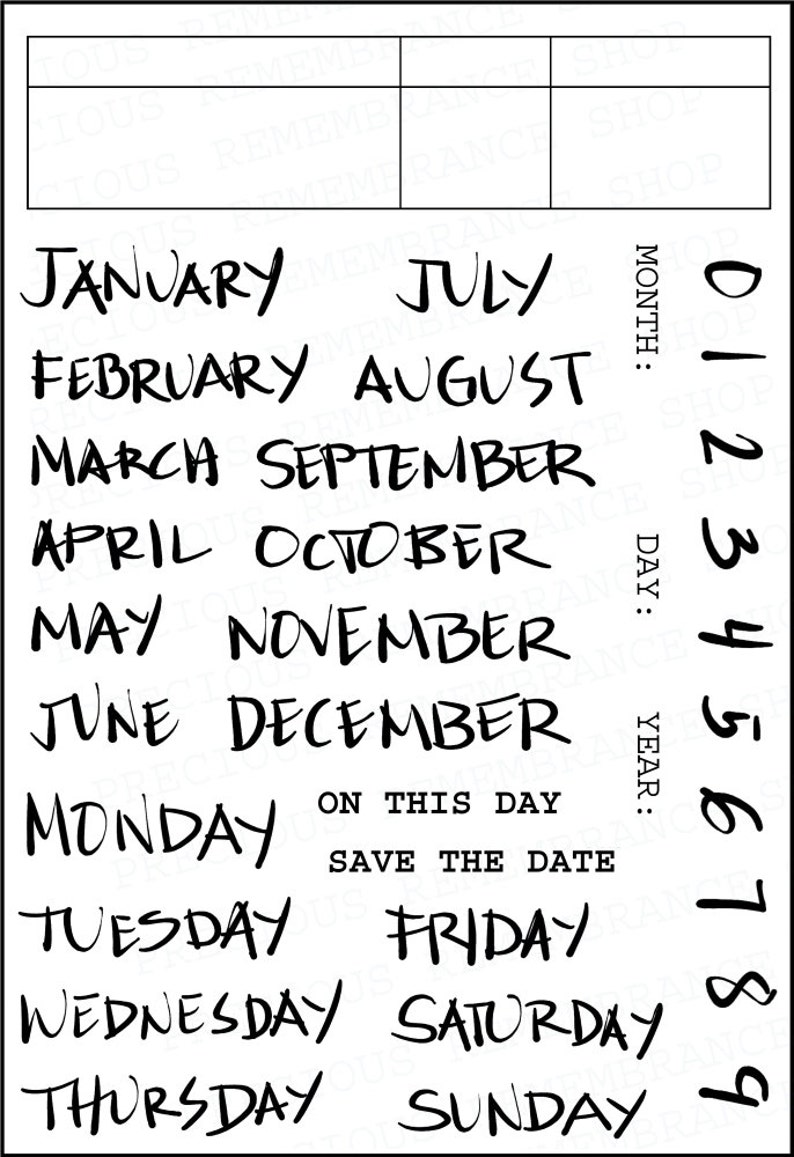 Date Stamp Set Clear Stamps, Made in USA Months, Calendar, Days, Save the date, On this day image 7