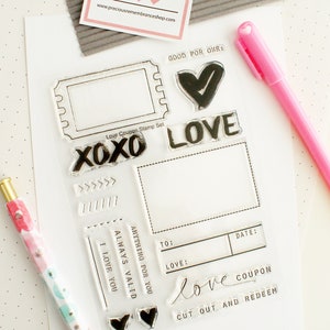 Love Coupon Stamp Set - Timbres clairs, made in USA | Love, XOXO, Notes, I Love You, Ticket, Anniversary, Valentine’s Day, Cut Out and Redeem