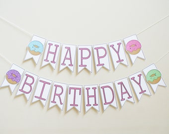 Donut Birthday Party Banner Personalized | Donut Party Theme, Donut Party Decoration, Doughnut, Happy Birthday Garland, Cute, Kawaii