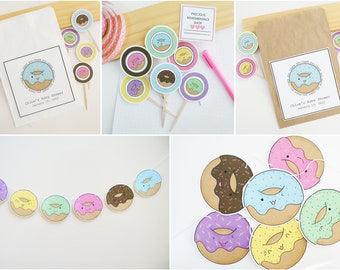 Donut Baby Shower Party Kit Personalized | Donut Party Theme, Favor Bags, Sweet Treats Bag, Cupcake Toppers, Gender Reveal, Kawaii