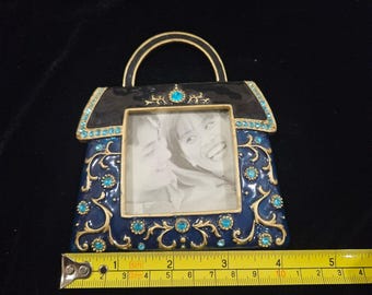 Handbag Shaped Jeweled Photo Frame With Blue enamel Gold Accents