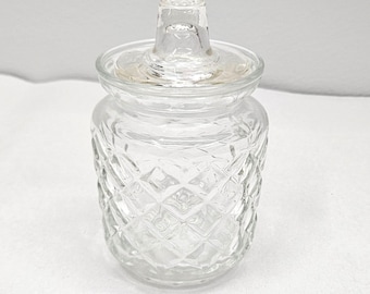 Vintage Honigglas aus Klarglas mit Rautenmuster und Deckel, 11,4 cm hoch