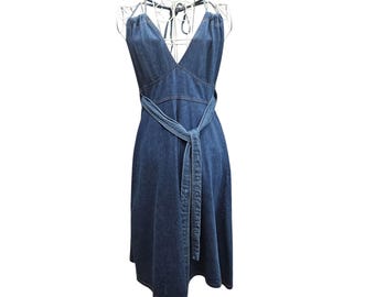 Vintage 80's Halter Wrap Denim Dress With Tie Waist Open Back Size L Pulse Jeans
