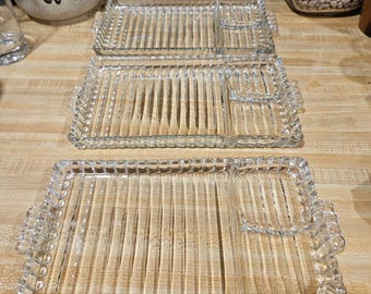 Set Of 3 Vintage Hazel Atlas Ball & Ribbed Glass Snack Trays Built-In Cup Holder