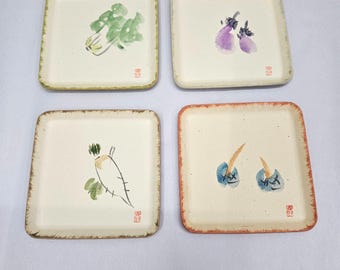 4 japanische Fuga-Washi-Papieruntersetzer, handbemalt, Gemüsemotiv, 11,4 cm (4,5 Zoll), MCM