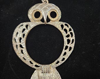 Vintage Owl Pendant Openwork Design 3.5" Metal Craft Jewelry Charm Patina Craft