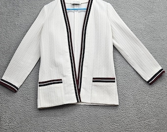 Butte Knit Womens White Textured Open Front Blazer Burgundy Navy Trim Size M