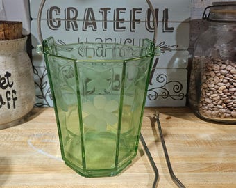 Green Depression Glass Ice Bucket Etched Floral Design Metal Handle with Tongs