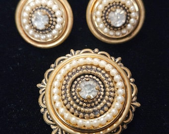Vintage Brosche Ohrclips Set mit Faux Perlen & Strass