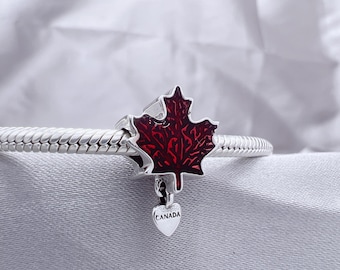 Canada Red Maple Leaf Charm, 925 Silver Enamel Beads, Charms for Bracelet