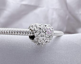 Mom Daisy Heart Charm, 925 Silver CZ Openwork Beads, suitable for Pandora bracelet