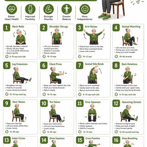 Puede incluir: Un póster instructivo titulado Chair Exercises for Seniors con dieciséis ilustraciones numeradas de una persona con camisa verde y pantalones grises realizando ejercicios sentada. El gráfico incluye instrucciones, repeticiones y beneficios de salud.