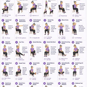 May include: A 30-day chair yoga chart for seniors featuring 30 numbered illustrations of a person in a purple shirt performing various seated stretches and movements on a chair, with instructional text and icons for each exercise on a white background.