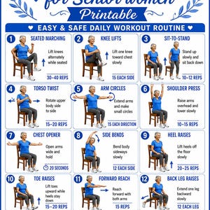 May include: A printable chart titled Chair Exercises for Senior women featuring fifteen numbered illustrations of a person in a blue shirt and gray pants performing seated exercises on a wooden chair with instructional text and repetition counts.