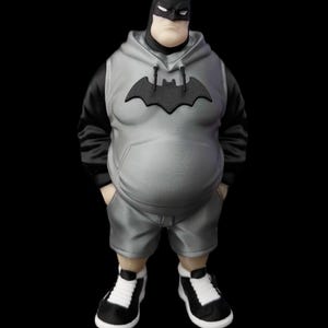 May include: A figurine of Batman wearing a gray hoodie with a black bat symbol, gray shorts, and black and white sneakers. The figure has a black cowl and is posed with hands in pockets. The background is solid black.