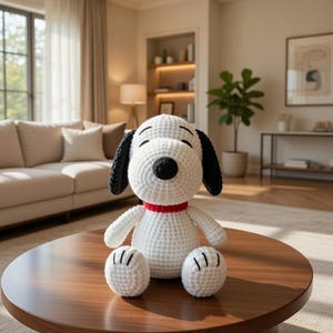 Può includere: Un peluche di Snoopy bianco e nero all'uncinetto con un colletto rosso è appoggiato su un tavolo rotondo di legno marrone scuro. Il peluche ha orecchie nere e un naso nero. Lo sfondo include un divano beige, una finestra e una pianta in vaso.