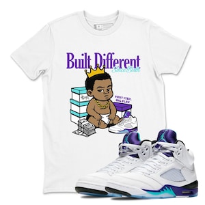 Sneaker Label Jordan 5 Grape Sneaker Matching Built Different Since Birth Sneakers Tee Shirt White, 5 Grape Sneaker Tee