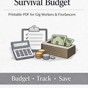 May include: An illustration of a financial planning concept. The image includes a calculator, coins, a cash box with dollar bills, and a clipboard. Text reads "Irregular Income Survival Budget" and "Printable PDF for Gig Workers & Freelancers."