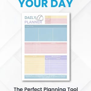 Könnte beinhalten: Ein Tagesplaner mit dem Text "ORGANIZE YOUR DAY" in Blau. Der Planer enthält Abschnitte für "Things to Do", "Notes" und "Deliverables". Der untere Teil des Bildes lautet "The Perfect Planning Tool" mit einer Schaltfläche "Download Now".