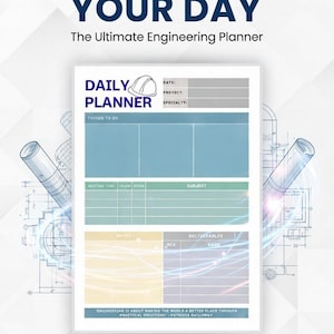 Puede incluir: Un planificador de ingeniería blanco con el texto "ORGANIZE YOUR DAY" y "DAILY PLANNER". El planificador incluye secciones para "THINGS TO DO", "MEETING TIME", "NOTES" y "DELIVERABLES". Un botón azul "Download Now" está en la parte inferior.
