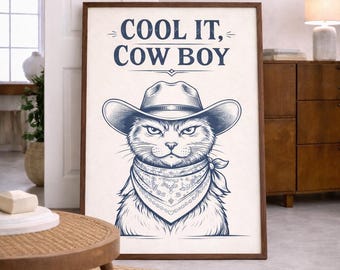 Cool it cowboy kat kunstprint | Retro western kattenprint | Vintage blauwe muurkunst | Cowboykattenposter | Trendy woondecoratie | Digitale download