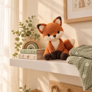 Può includere: Un peluche a forma di volpe realizzato all'uncinetto a mano, con corpo arancione vivace, petto e muso bianchi, e zampe e punte delle orecchie marrone scuro. La volpe presenta occhi di sicurezza neri e un piccolo naso ricamato, seduta dritta.