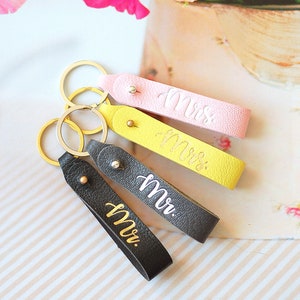 Set of 2 Mrs. and Mr. Leather Key loop, Leather Keyfob gift for Newly Married Couple image 5