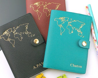 Leather Passport cover with personalised initials and world map