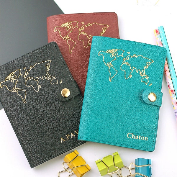 Leather Passport cover with personalised initials and world map