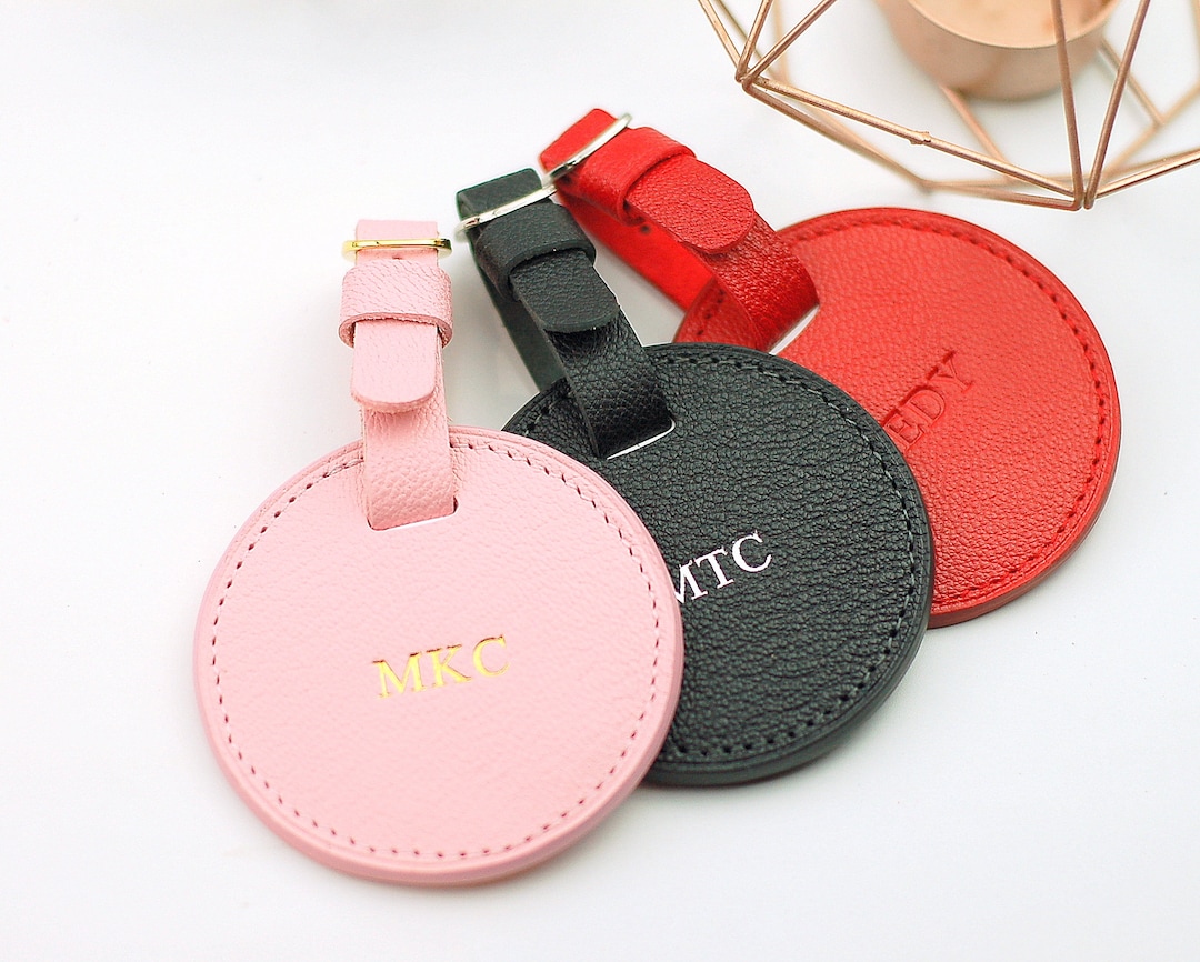 Round Leather Luggage Tag With Custom Monogram Etsy