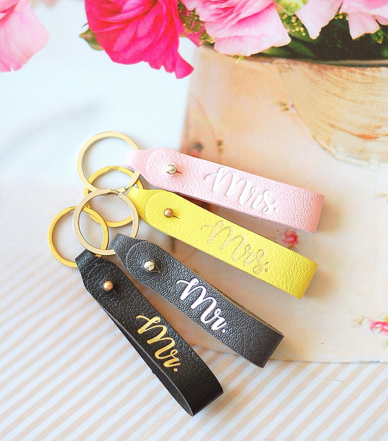 Set of 2 Mrs. and Mr. Leather Key loop, Leather Keyfob gift for Newly Married Couple image 5