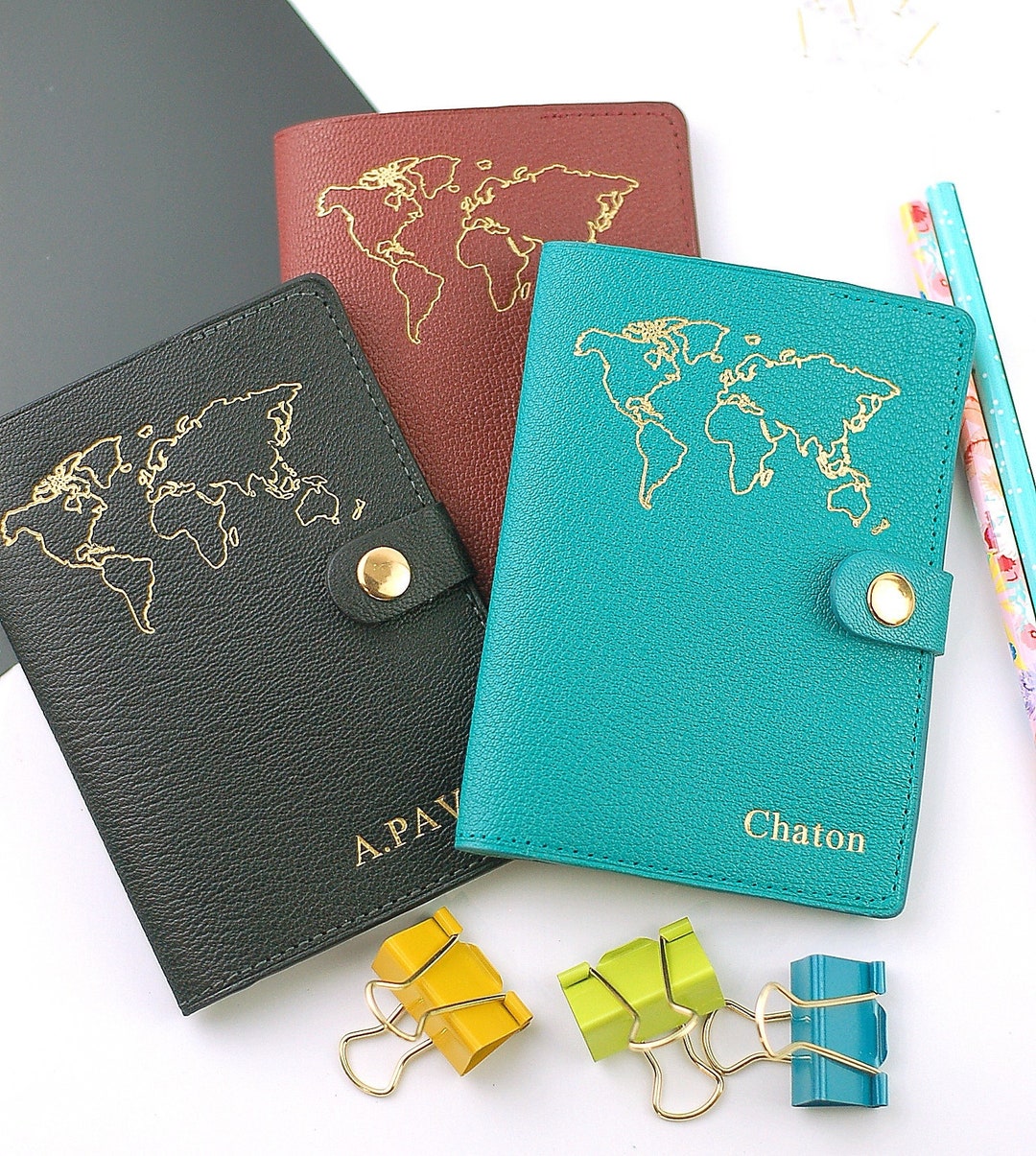 Leather Passport Cover With Personalised Initials and World Map Etsy