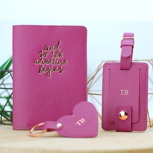 Set of Monogrammed Real Leather Passport Cover, luggage tag and heart shape keyfob