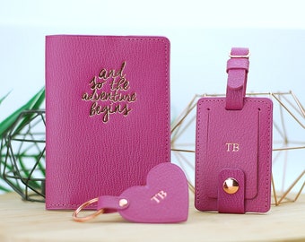 Set of Monogrammed Real Leather Passport Cover, luggage tag and heart shape keyfob