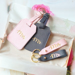 Set of Leather Luggage Tags and keyfobs for Mrs. and Mr.