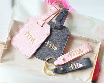 Set of Leather Luggage Tags and keyfobs for Mrs. and Mr.