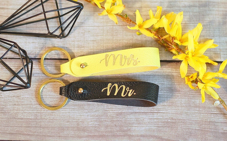 Set of 2 Mrs. and Mr. Leather Key loop, Leather Keyfob gift for Newly Married Couple image 6