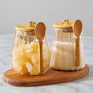 Handmade Ribbed Glass Jar With Bamboo Lid and Wooden Spoon, Airtight Kitchen Canister, Sugar Coffee Tea Storage, Housewarming Gift Idea