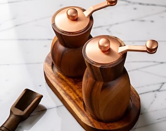 Acacia Wood Salt and Pepper Grinder Set with Tray Handmade Wooden Spice Mill Copper Handle Manual Pepper Mill Artisan Kitchen Gift