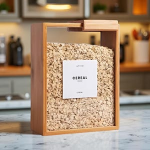 Pode incluir: Um recipiente retangular de madeira para cereais cheio de aveia. O recipiente tem um painel frontal transparente e um rótulo branco que diz "CEREAL". O recipiente é feito de madeira clara e está sobre uma superfície branca. O fundo é uma cozinha.