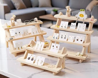 Wooden Jewelry Display Stand Tiered Earring Organizer Bracelet Holder Craft Show Riser Artisan Pine Shelf Retail Vendor Booth