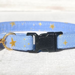 Periwinkle Gold Star Cat Collar with Bell, "Moon Shadow" Breakaway Rifle Paper Co Metallic Golden Stars, Kitten Collar