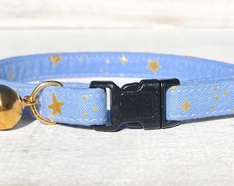 Periwinkle Gold Star Cat Collar with Bell, "Moon Shadow" Breakaway Rifle Paper Co Metallic Golden Stars, Kitten Collar