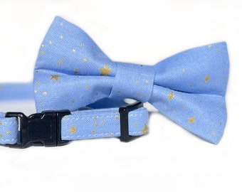 Rifle Paper Co® Bow Tie Cat Collar Set, "Moon Shadow" Periwinkle Blue Purple and Metallic Gold Stars Cute Kitten Collar