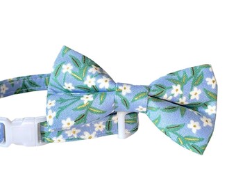 Rifle Paper Co® Bow Tie Cat Collar,  "Daphne" White Flowers on Periwinkle Blue